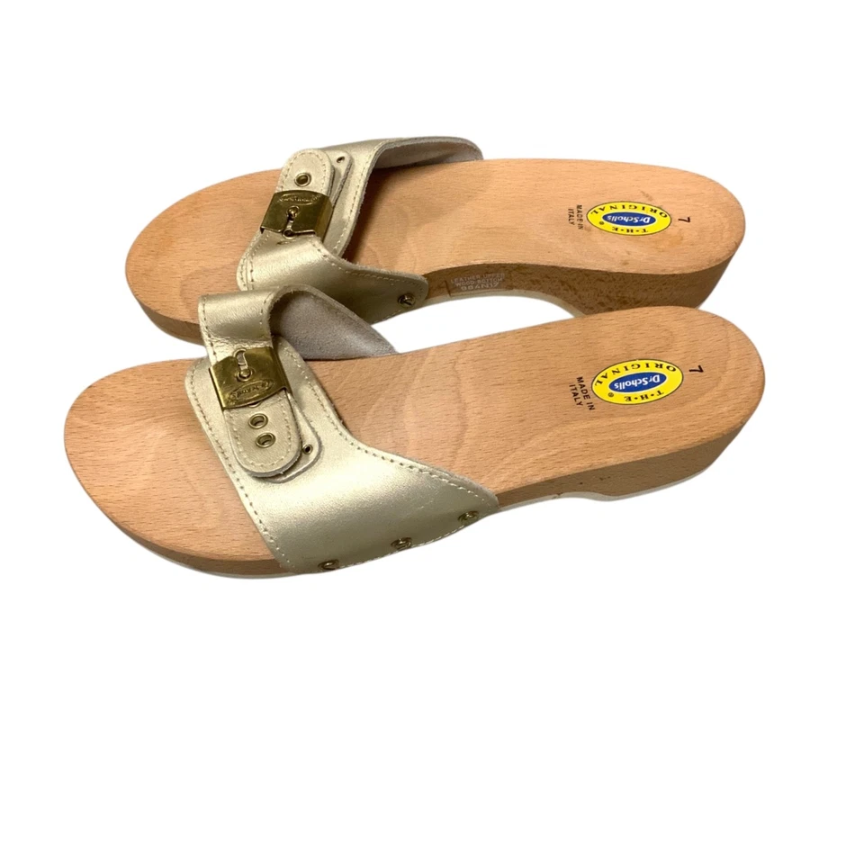 Zueco Sandalia Ejercicio Madera Original Dr Scholls De Colección Dorado Hecho en Italia Talla 7 Foto 4 de 4