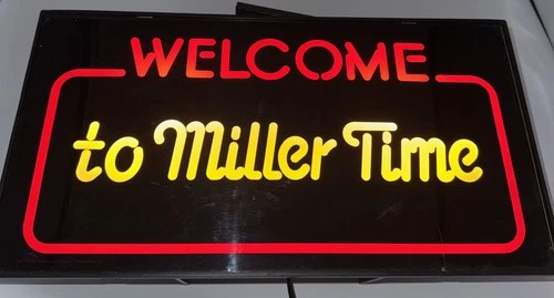 Vintage 1984 Miller Time Light-Up Bar Sign Works Great Man Cave Beer Pub 16” x9”