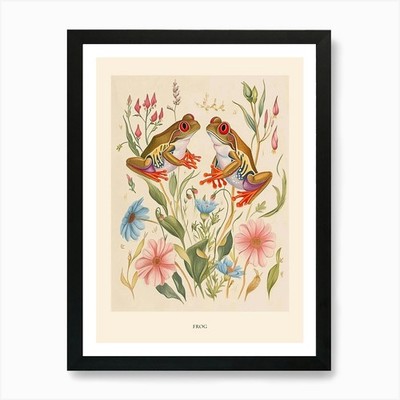 Folksy Floral Tier Zeichnung Frosch 4 gerahmte Wandbilder Poster Leinwanddruck Bild