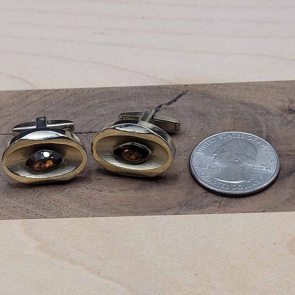 Gemelos ovalados Mid Century tono latón alambre vidrio color ámbar Foto 3 de 4