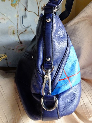 UNIQUE RAF BLUE LEATHER LARGE SHOULDER BAG HAND PAINTED WRAF TARTAN B MAKOWSKY - Picture 2 of 8