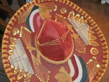 Mexican Mariachi Sombrero Large Red Velvet  Gold Sequins 19" Pre Owned