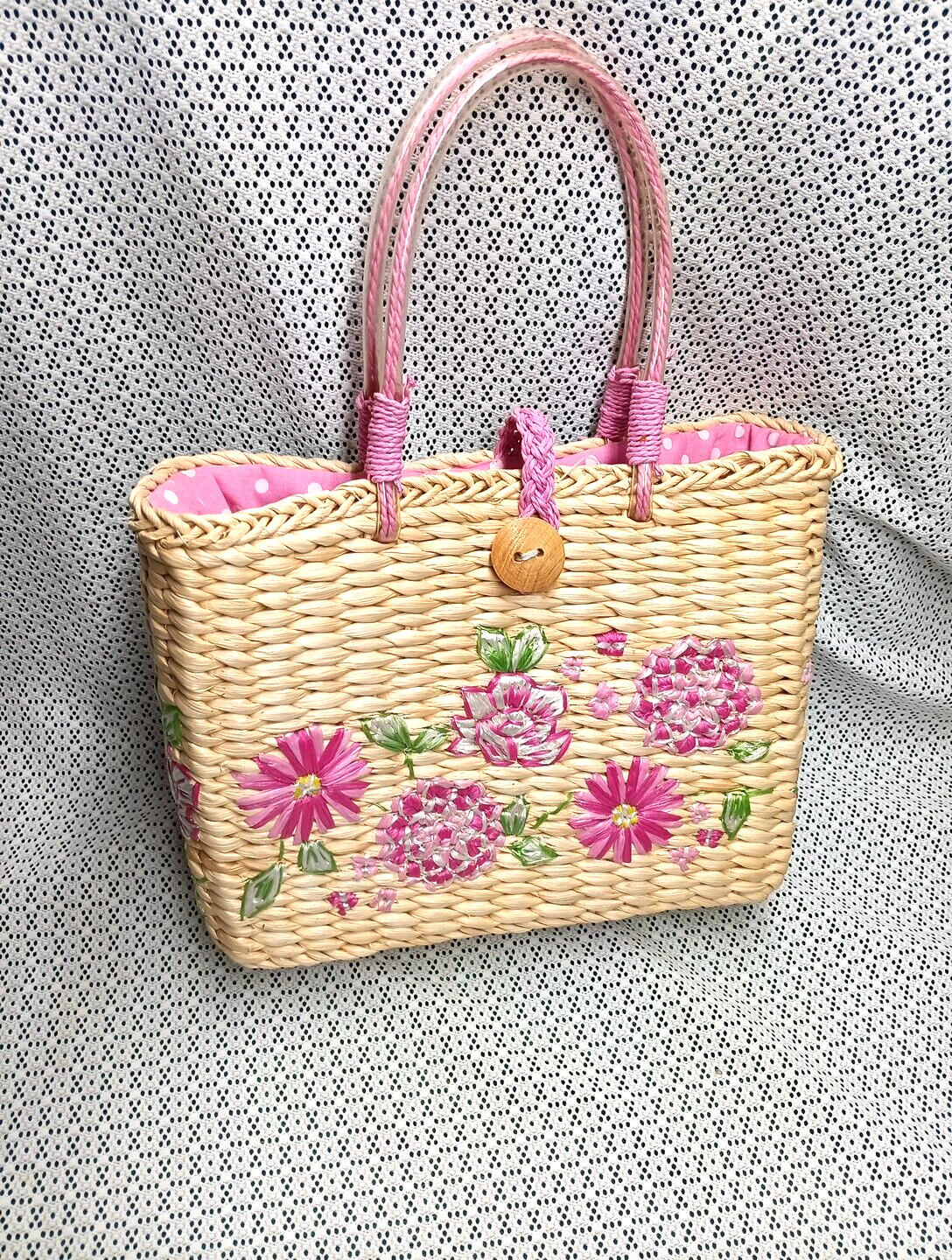 Tote Bag Purse Woven Straw Beach Picnic Faux Leather Double Straps Pink Floral-image