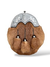 Men's Chrome Thistle Cantle Brown Fur Sporran 3 Tassels Sporran With Chain Belt