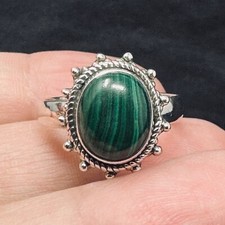 Vintage Sterling Silver 925 Fine Malachite Bezel Set Rope Border Ring Size 9.25