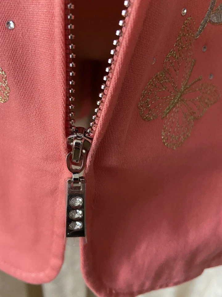 Quacker Factory Womens Jacket XL Coral  Butterfly Embroidered Career Zip Pockets - Image 4 of 4
