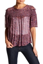 Jolt Womens L Plum Romantic Floral Print  Smocked Chiffon Blouse Top NWT