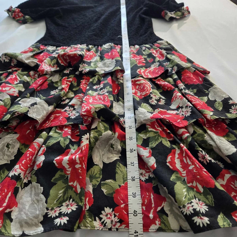 Vestido de fiesta vintage años 80 David Warren M rosa floral negro rojo con volantes en capas Saks Foto 3 de 4
