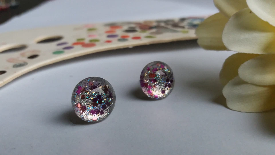 Ohrstecker Cabochon Silber Glitzer Glas Pink Rosa Handgemacht Ohrring Rot 47 - Bild 2 von 4