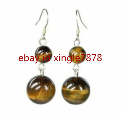 Natural 8-10mm Yellow Tiger's Eye Round Gemstone Silver Hook Dangle Earrings
