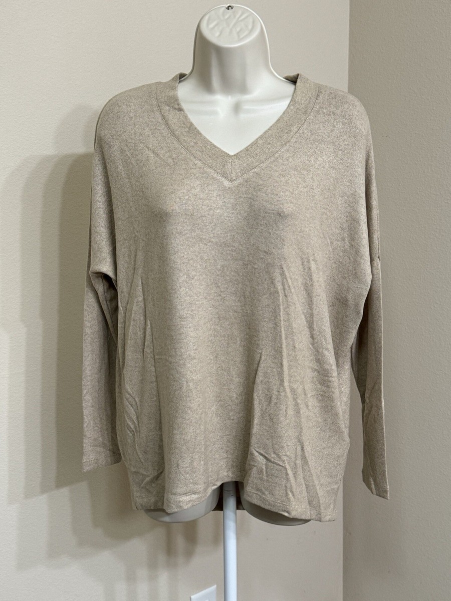 Soyaconcept Women's Tan V-Neck Long Sleeve Comfort Pullover Oversize  Sweater S