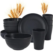 12pcs Wheat Straw Dinnerware Sets, Wheat Straw Plates and Bowls Set for 4 Mic...