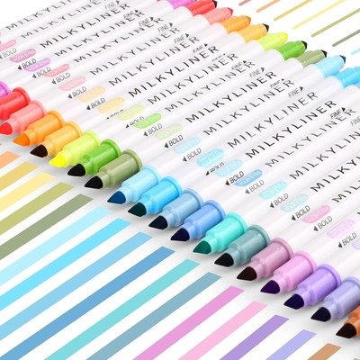Pastel Highlighters Set, 24 Assorted Colors, Dual Tip Fine Tip Markers