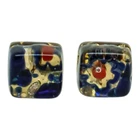 Murano Glass Stud Earrings Dark Blue Gold Millefiori Square 8mm