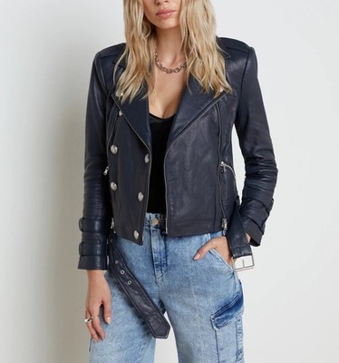 Navy Blue Leather Jacket Women Biker Pure Lambskin Size S M L XL XXL Custom- 280