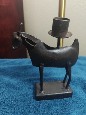 Vintage Brutalist Metal Billy Goat Sculpture Horned Animal Art Candle Holder