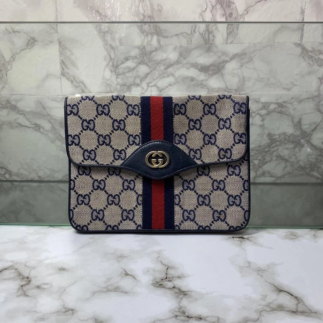 Sac pochette Gucci Gg vintage années 90 authentique toile bordure cuir créateur sac à main