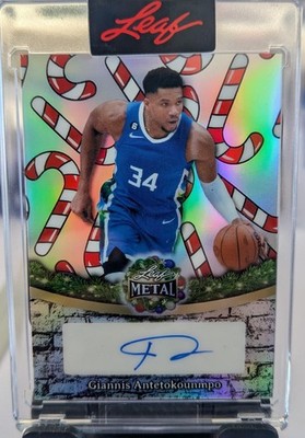 Giannis Antetokounmpo 2025 Leaf Happy Holidays Prismatic Candy Cane Auto /15