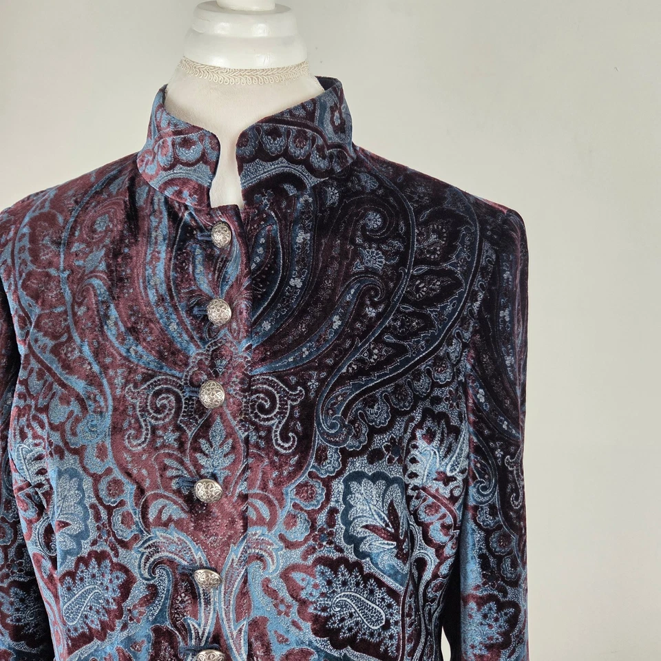 Chaqueta Ellen Tracy Terciopelo Azul Púrpura Paisley Mezcla Seda Talla 14 Steampunk Foto 2 de 4