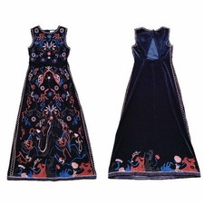FOXIEDOX Fuji Floral Embroidered Velvet Tea Length Dress Size 4 Navy Blue Midi