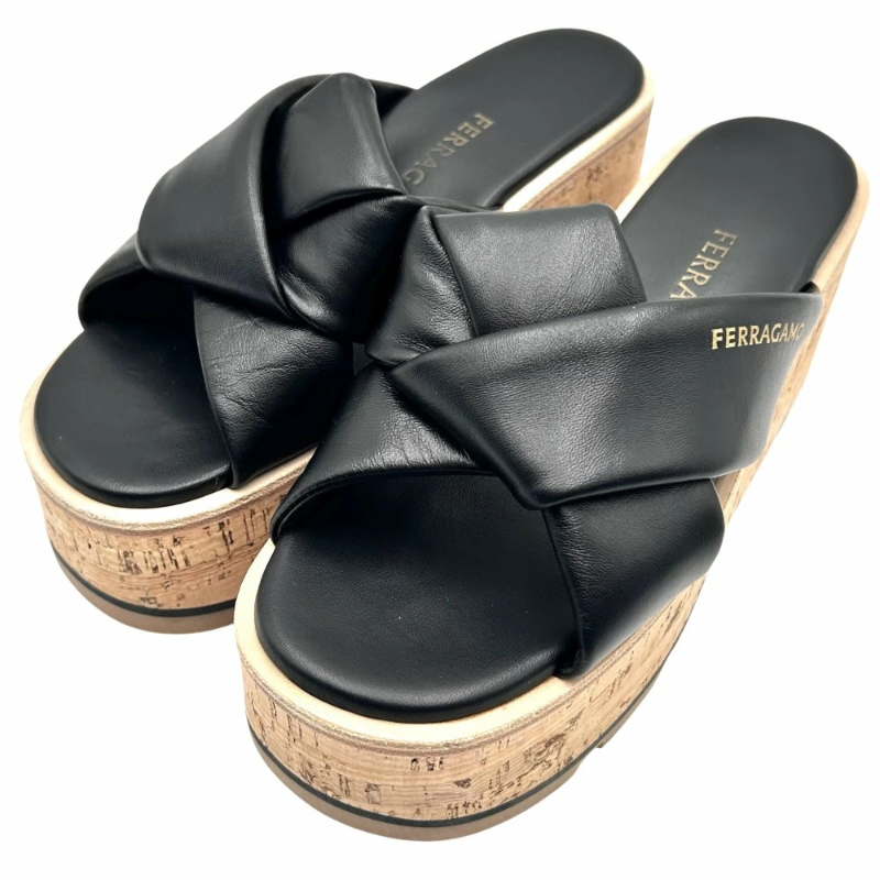Salvatore Ferragamo Black Leather Platform Sandals with Box