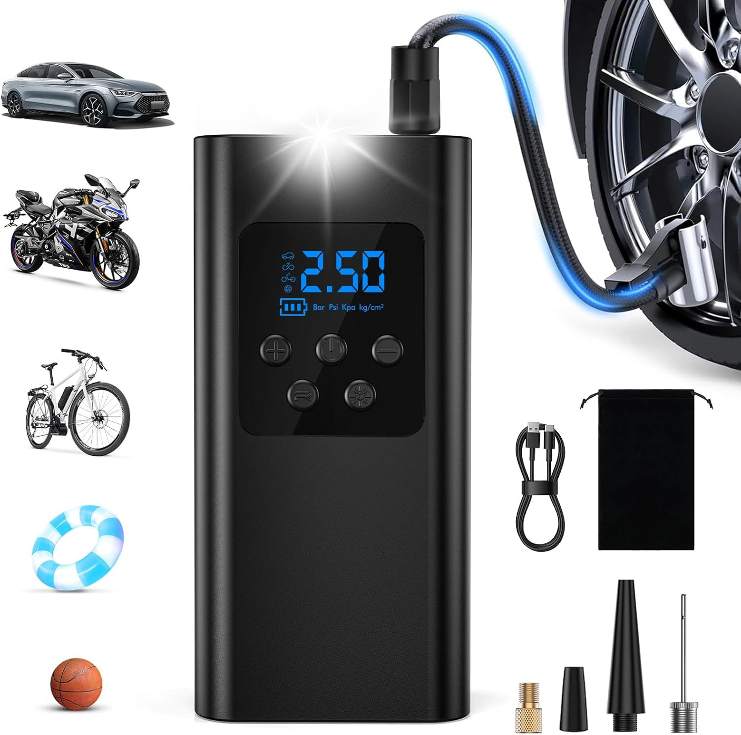 Compressore Aria Portatile – Pompa per Bicicletta Elettrica 45L/Min, Gonfiatore