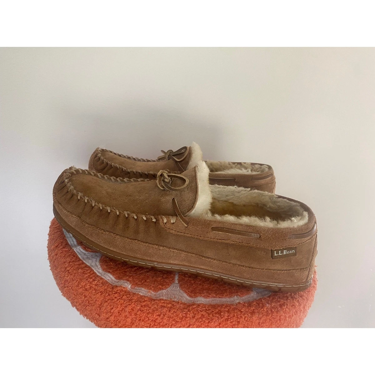 LL Bean Wicked Good Moccasins Mens Suede/ Dyed Lambs Fur Slippers Tan 11 Wide LL Bean Men\ main image 4
