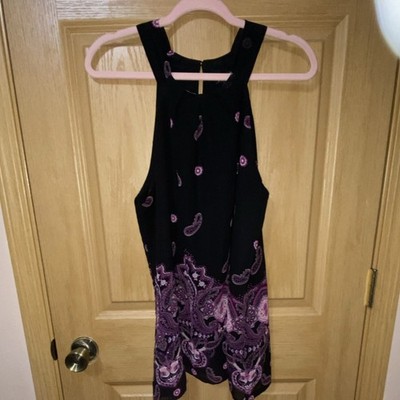 Apt. 9 Womens L Black/Purple Paisley Shift Dress Halter Neck Sleeveless