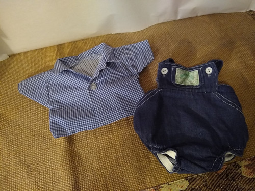 Cabbage Patch Denim bib Overall Shorts with Blue Checked Button Up Shirt 1983