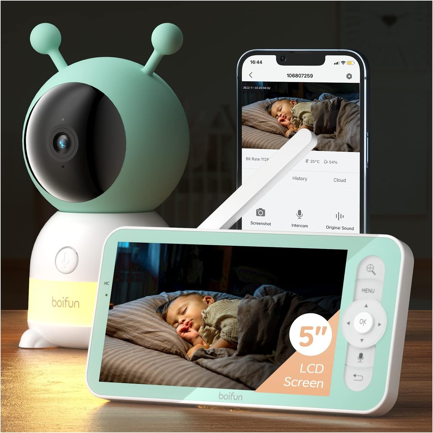 BOIFUN 2K3MP Vigilabebés con Cámara LCD de 5" PTZ 360° Monitor de Bebé con Visión Nocturna