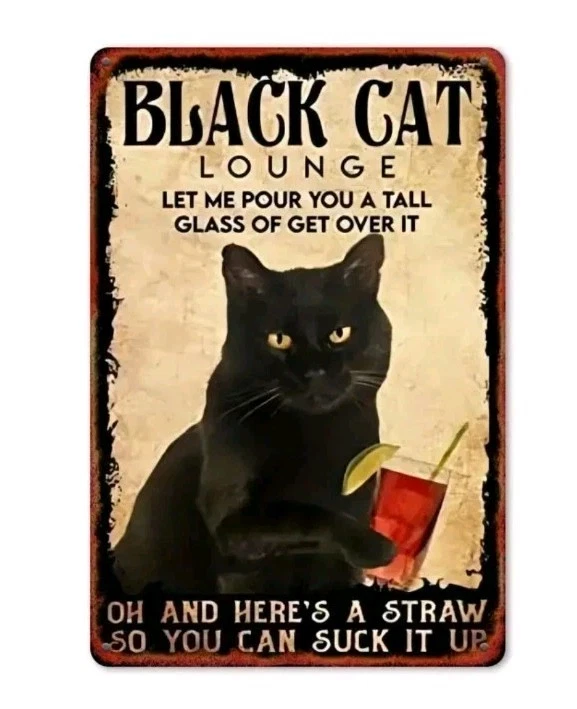 "Letrero de lata de bebida de gato negro, decoración de bar, metal retro 8x12, arte de pared de café" Foto 3 de 4