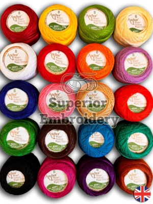 20 Best Colours x Anchor Pearl Cotton Embroidery Crochet Thread ball size  8, 85m UK