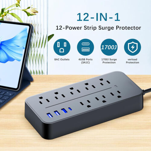 Protector contra sobretensiones de tira de alimentación de EE. UU. 8 tomas de CA 3 puertos USB puerto tipo C con cable de 4 pies - Imagen 2 de 33