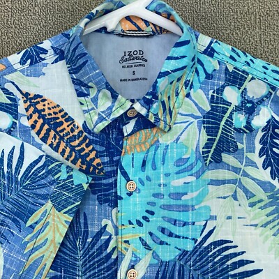 IZOD Saltwater Shirt Mens Small Blue Floral Button Up Short Sleeve Cotton Aloha