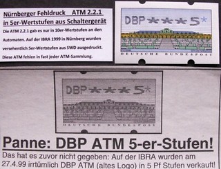 ATM 2.2.1 Nagler breites DBP. Nürnberger IBRA Fehldruck in 5er Wertstufe. Info