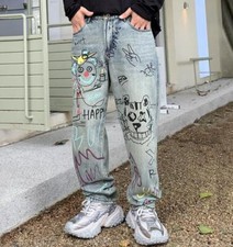 Men's Blue Denim Straight Leg Graffiti Printed Loose Fit Hip Hop Pants Trousers