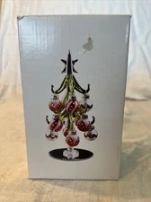 LS Arts 6” Art Glass Green Crystal Christmas Tree Red Ornaments Nice