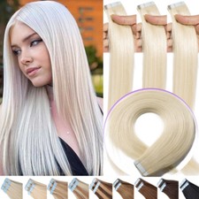 100 Real Remy Tape In Human Hair Extensions Skin Weft Full Head White CLEARANCE