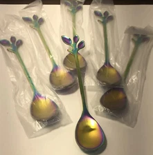 Stainless Steel Leaf Coffee Spoon Tableware Dessert Spoons Stirring Rainbow Set6
