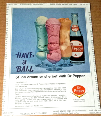 1966 old print ad - Dr. Pepper soda pop - ice cream float