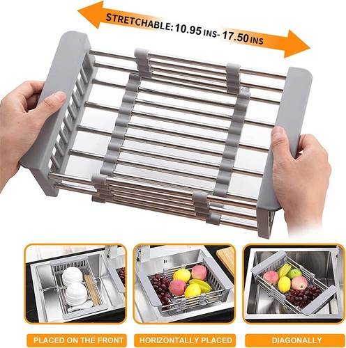 Adjustable Stainless Steel Kitchen Dish Drying Sink Rack Drain Strainer Basket - Picture 2 of 10