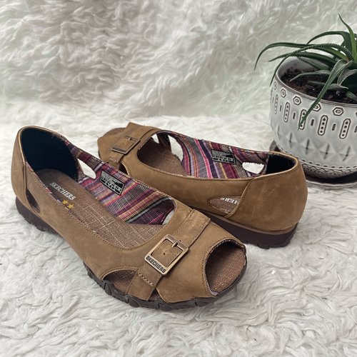 Skechers Biker Slip On Shoes Brown Leather Cut Out Peep Toe Womens sz 9 NEW - Picture 2 of 8