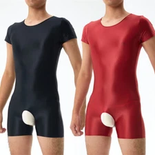 Mens Shiny Satin Open Crotch Shorts Bodysuit Undershirts Boxers Jumpsuit Leotard
