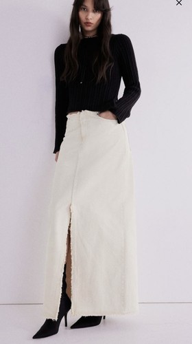 H&M Maxi Denim Skirt Cotton Cream Off White Long On Trend 14 16 44 New - Picture 23 of 24