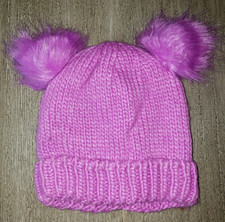 girls THICK KNIT LIGHT PURPLE WINTER BEANIE HAT DOUBLE HAIRY POMPOMS 2/5T PLUSH