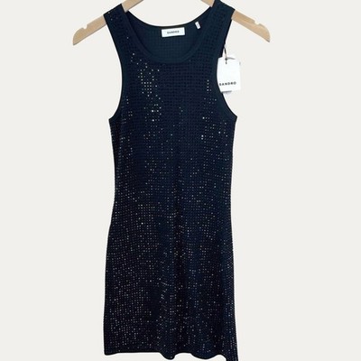 Sandro Fantasy Rhinestone Knit Mini Dress Size 34 XS 2 Black LBD Glam Designer