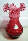 FENTON Cranberry DOT OPTIC Double Crimped Ruffled Vase Double Rings Label