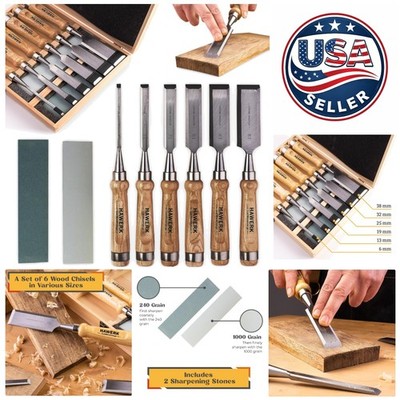 Professional Wood Chisel Set with 6 Blades & Sharpening Stones in Wooden Case