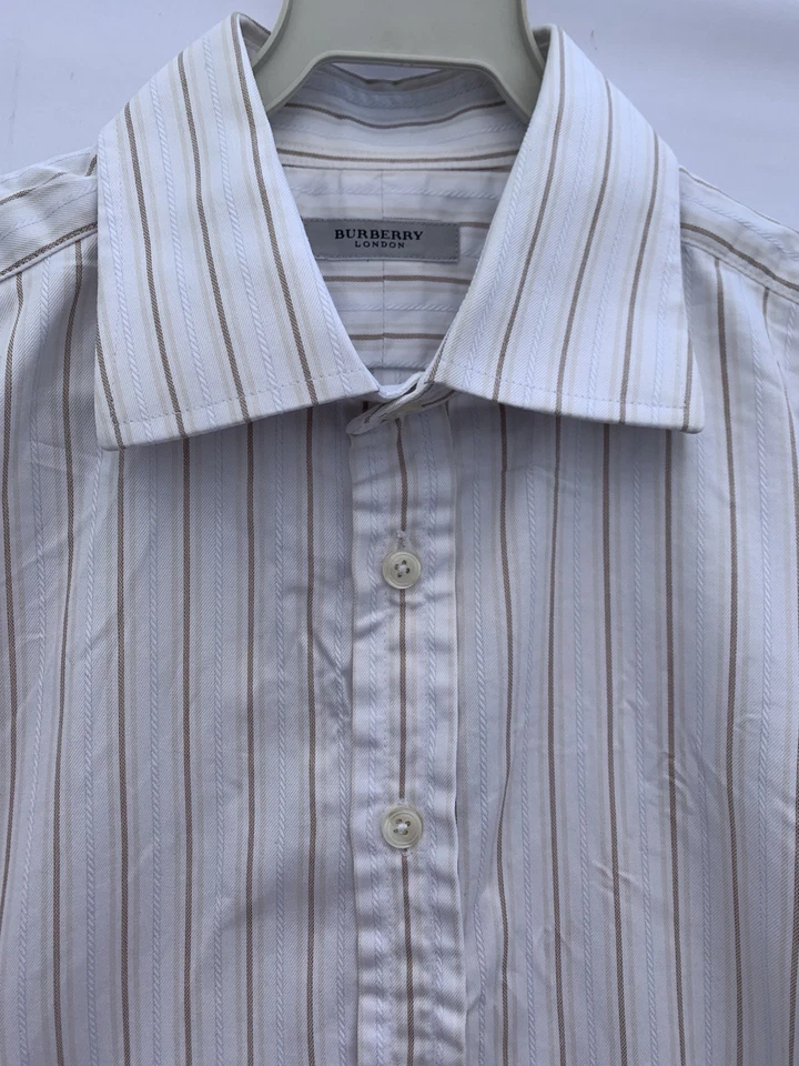 Camisa de vestir Burberry London para hombre 16-41 marrón a rayas hecha en Reino Unido 100 % algodón #C9 Foto 4 de 4