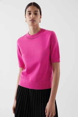 COS T-Shirt Size XS Pink Knitted Short Sleeve 100% Cotton Ribbed Trims Minimal